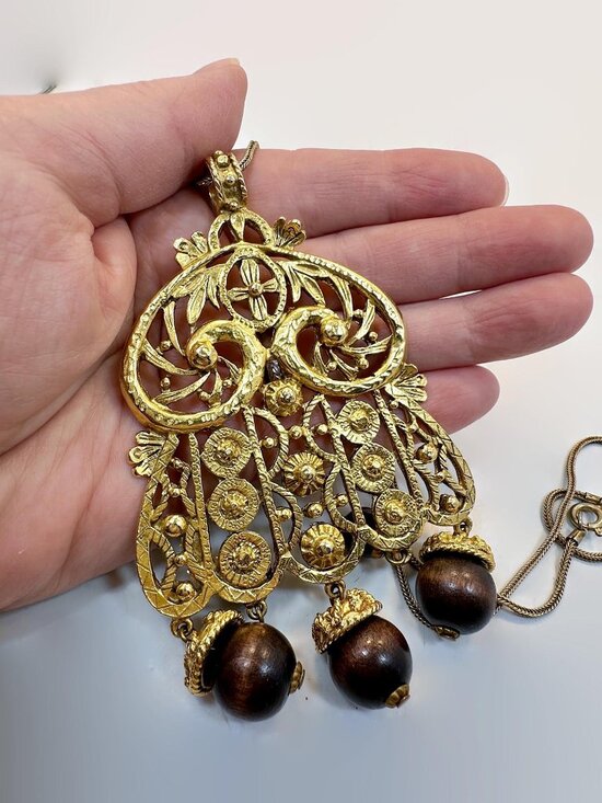 Jewelry - Vintage KJL Necklace: Etruscan Kenneth Jay Lane Pendant Statement Gold 70s